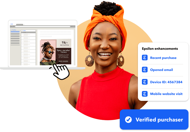 Smiling woman, laptop displaying a personalized email, and customer data points including 'Verified purchaser'.