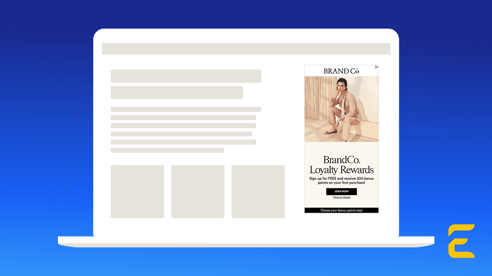 Laptop opened to BrandCo page against Epsilon blue background