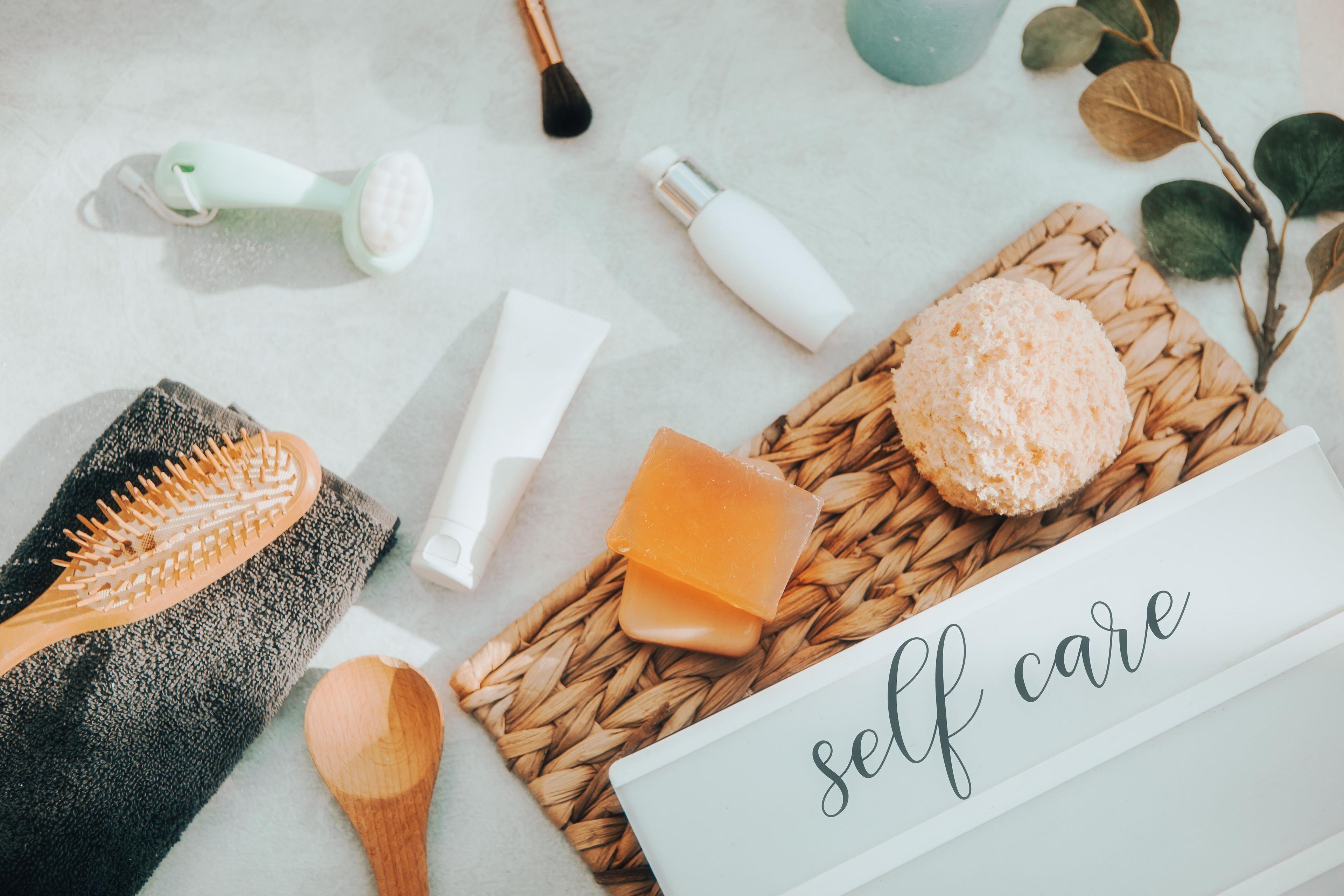Self care concept. Organic beauty products flat lay