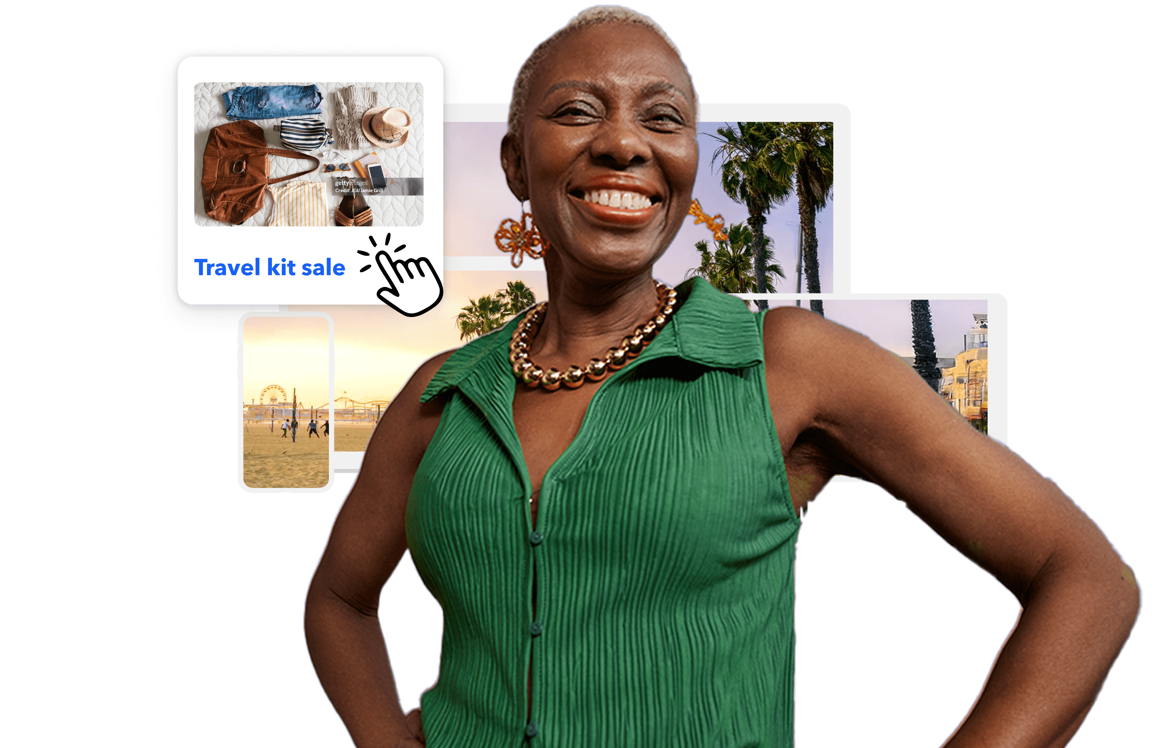 Smiling Black woman in a green top, surrounded by floating travel images and a "Travel kit sale" ad.